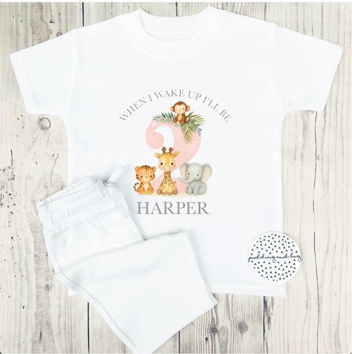 personalised when i wake up i will be two birthday pyjamas animal safari pjs