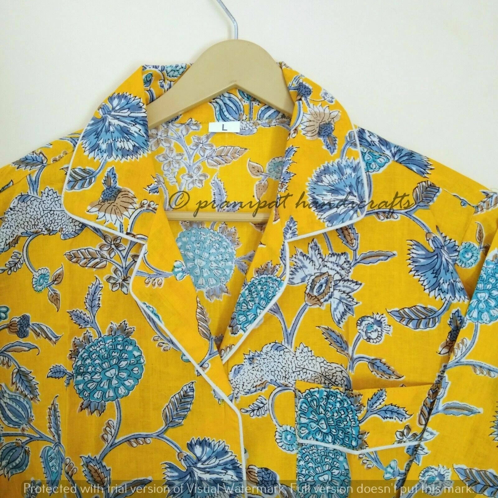 Indian Floral Printed Hippie Cotton Yellow Women Gypsy Top-Pajama set Sleepwear