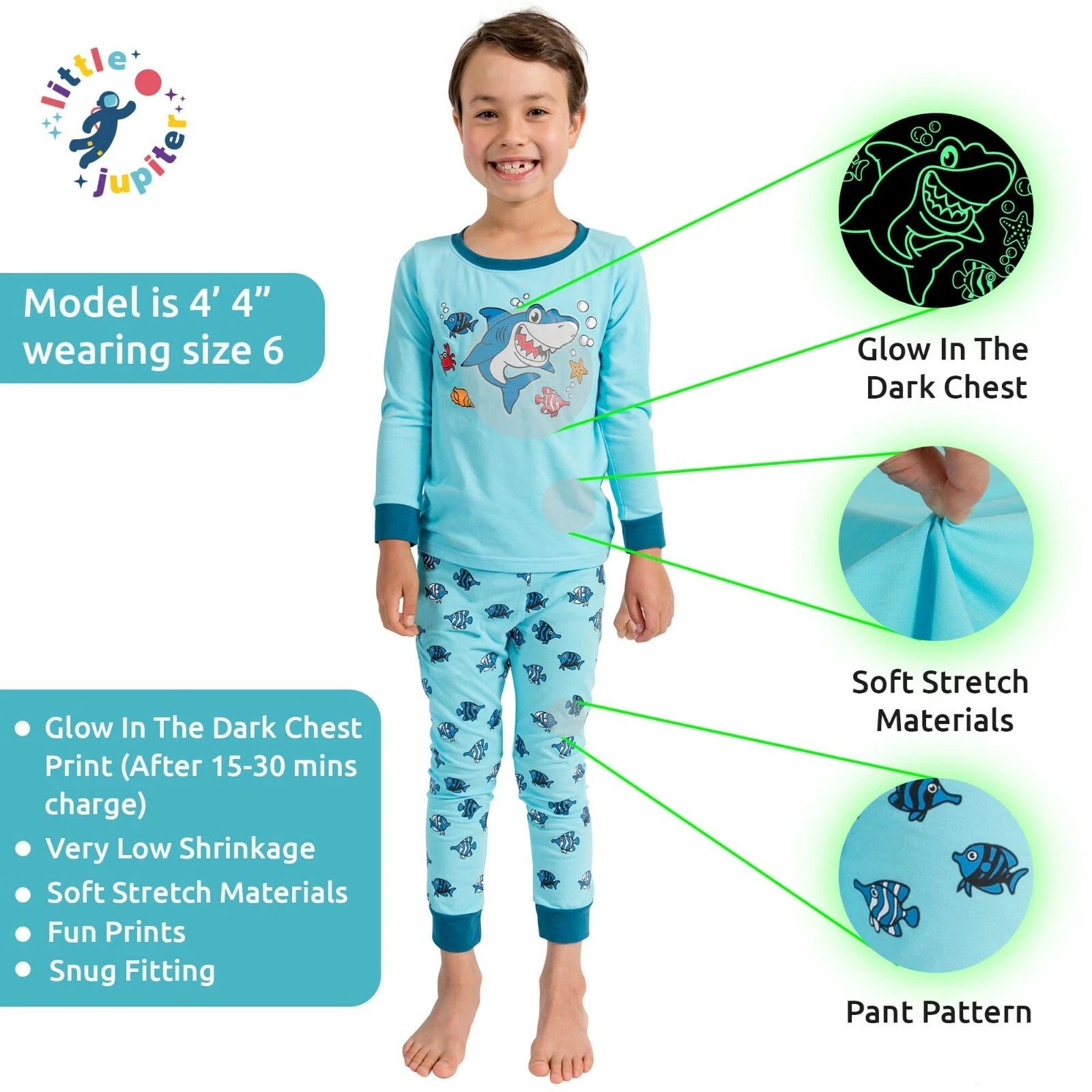 Little Jupiter Boys Pajamas with Glow in The Dark - Shark - Light Blue
