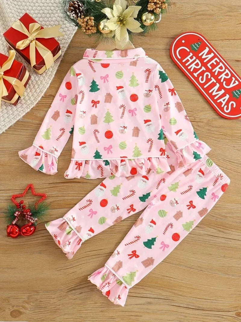 NWOT TODDLER GIRLS PINK RUFFLED CHRISTMAS PAJAMAS - SZ. 2/3 & 3/4