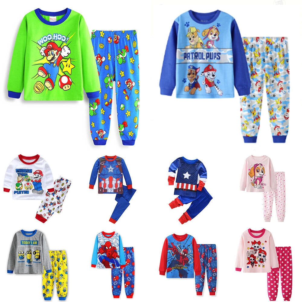 2Pcs Kids Boys Girls Super Mario Long Sleeve Pyjamas Set T-Shirt Shorts Age 1-7Y