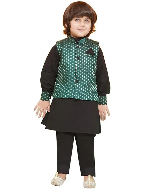 Kids Poly Chanderi Motif Printed Kurta Pajama Set Waist Coat Jacket for Boys