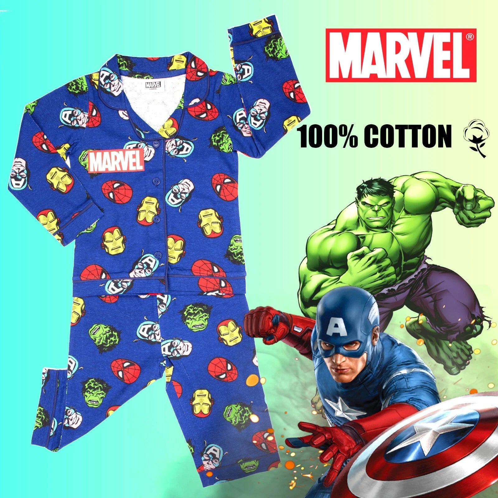 Marvel Pyjama for Boys Button Down PJ Set Superheroes Cotton Christmas Gift