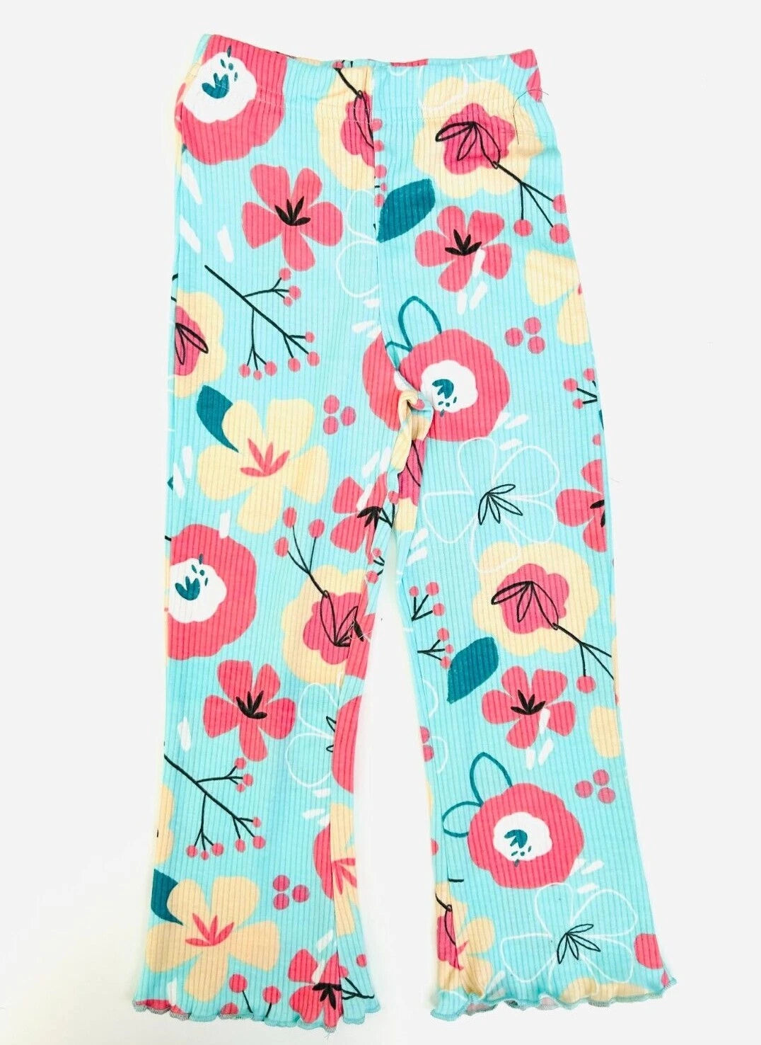 Girls Ribbed Pyjamas Dunnes Cotton Floral Pink Aqua Flared Long Sleeved Pjs NEW