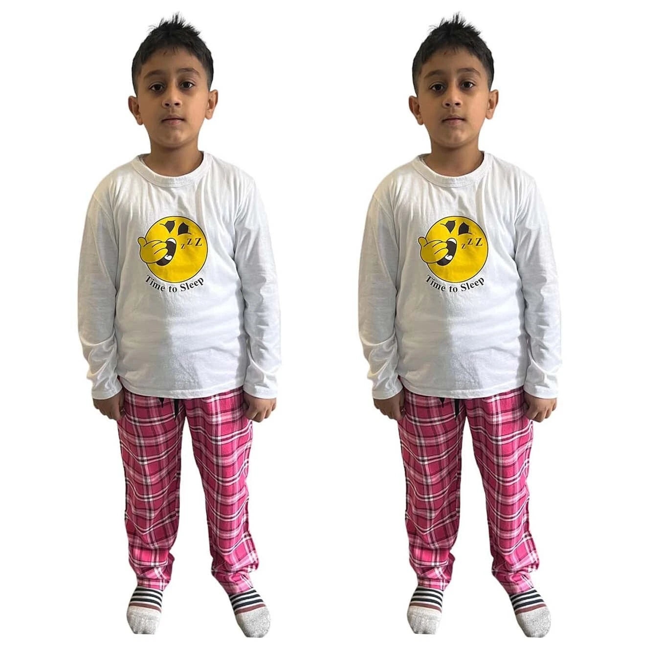 2Pk Boys Check Pyjama Set Pink Sleepwear Suit Long Sleeve Shirt Boys Pyjama Set