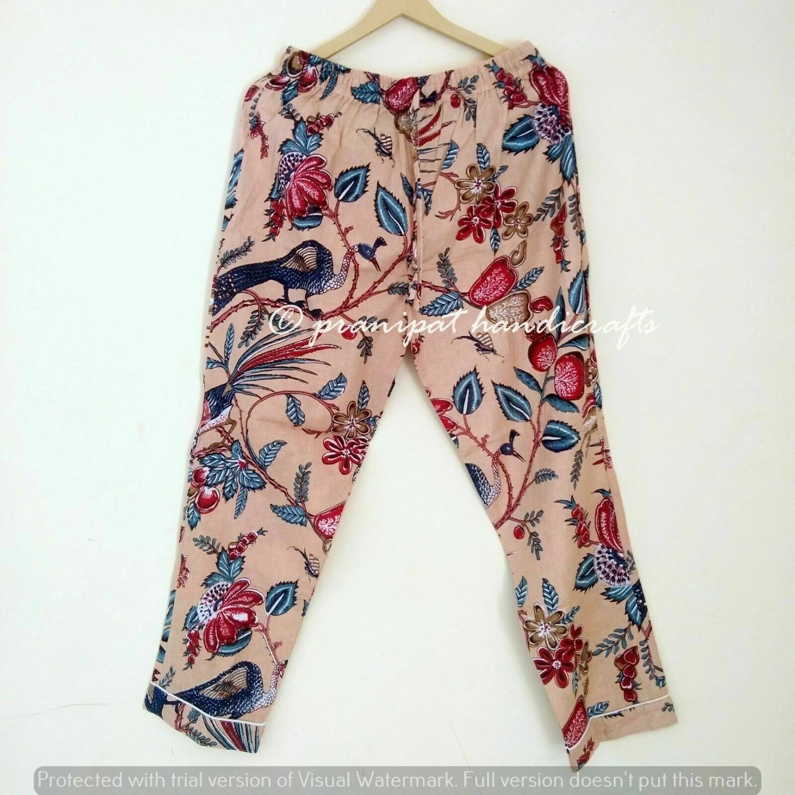 Indian Peacock Printed Cotton Peach Hippie Women Gypsy Top-Pajama set Sleepwear