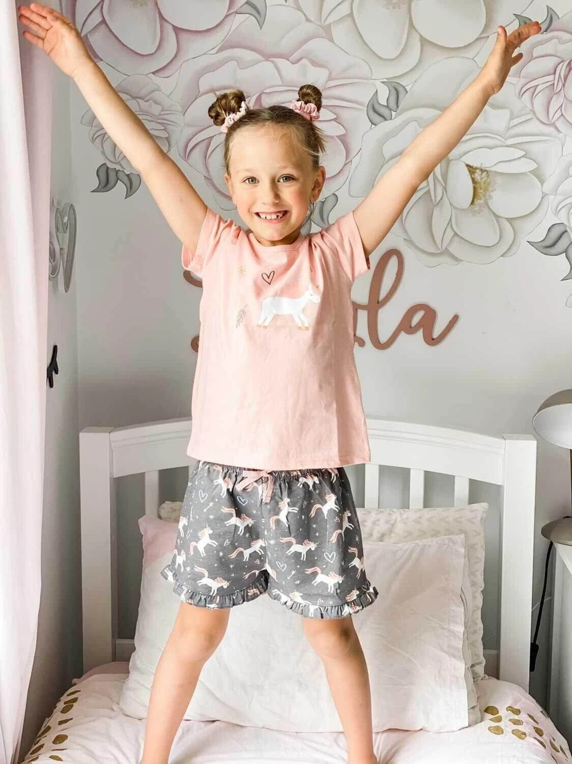 Girls Size 3-7 Pink Unicorn Summer Cotton Short Sleeve Pyjama Set  - 2004
