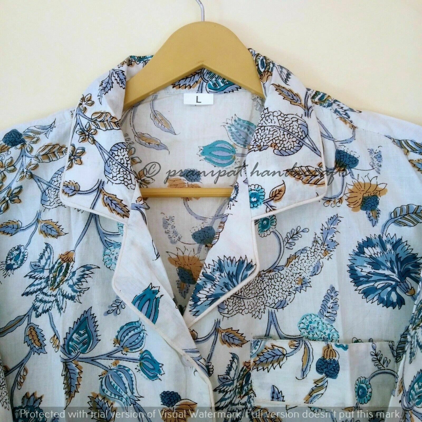 Indian Floral Printed Cotton Hippie White Women Gypsy Top-Pajama set Sleepwear