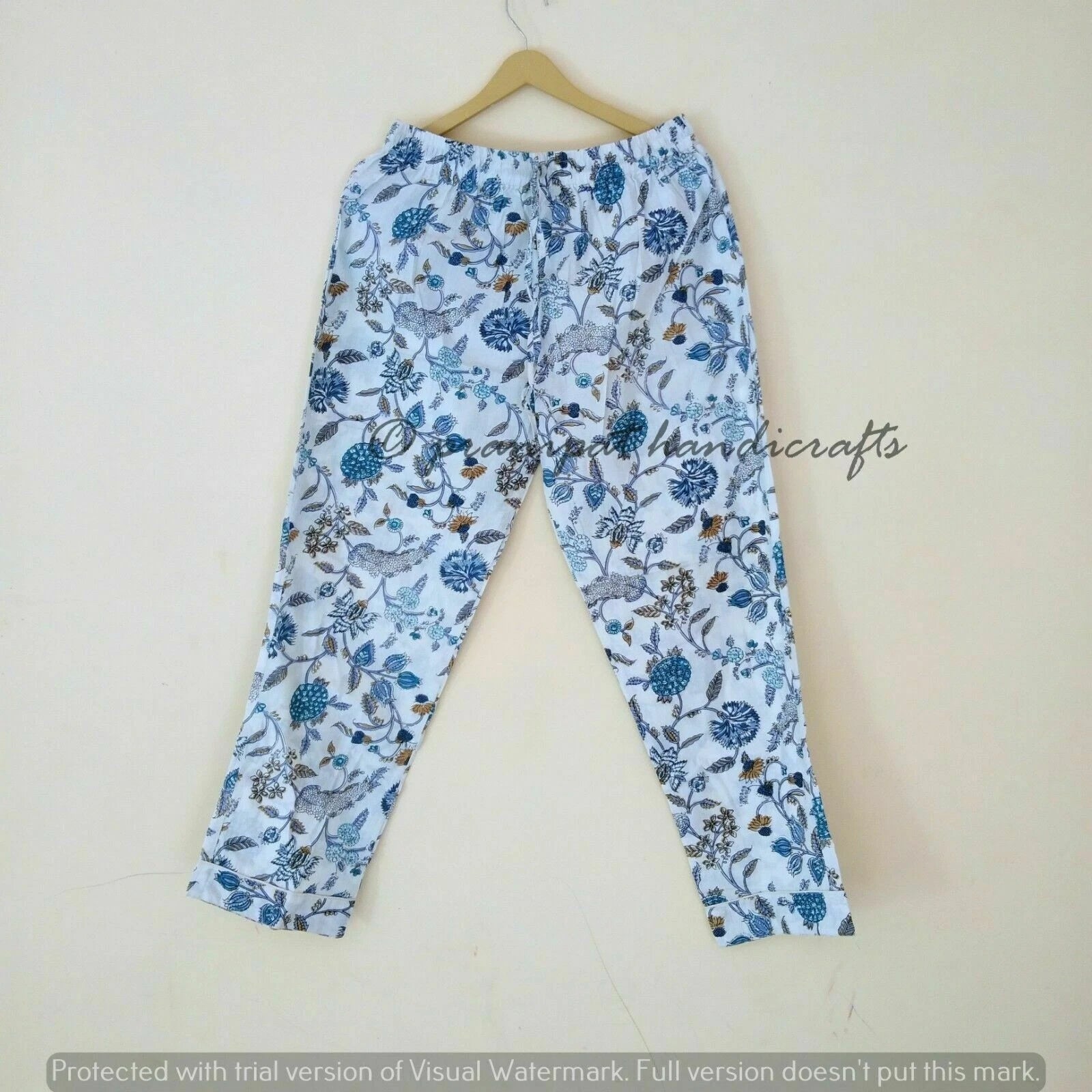 Indian Floral Printed Cotton Hippie White Women Gypsy Top-Pajama set Sleepwear