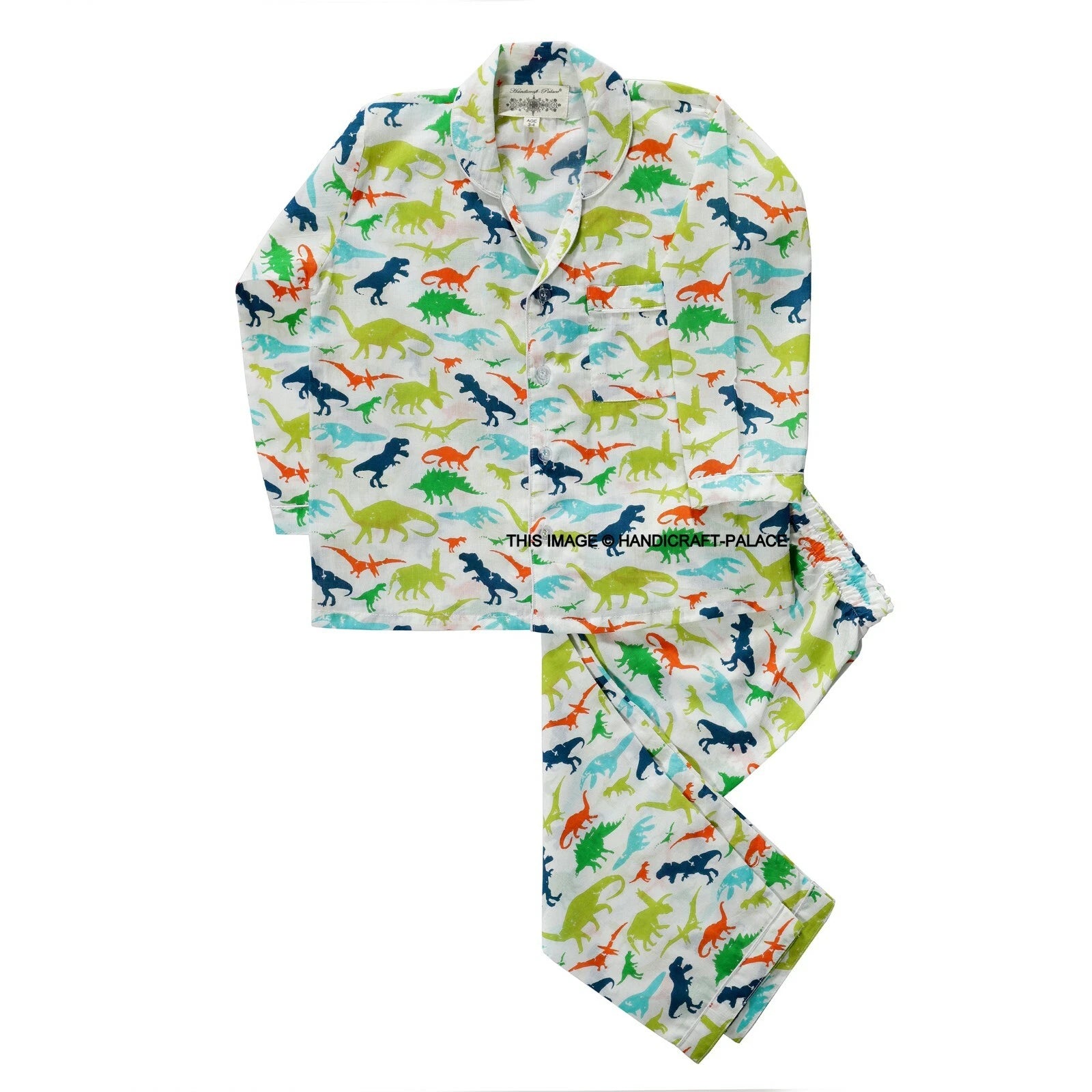 Dinosaur Printed Pyjamas Set with Long Sleeve for Girls Boys Cotton Nightwear