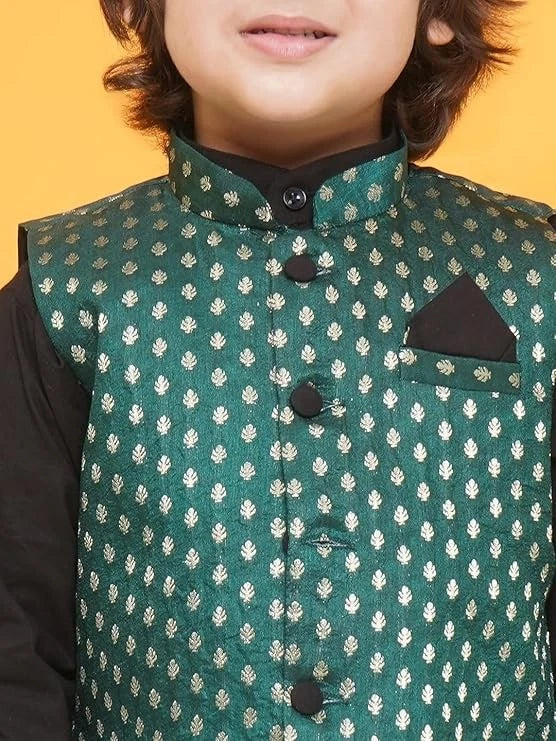 Kids Poly Chanderi Motif Printed Kurta Pajama Set Waist Coat Jacket for Boys