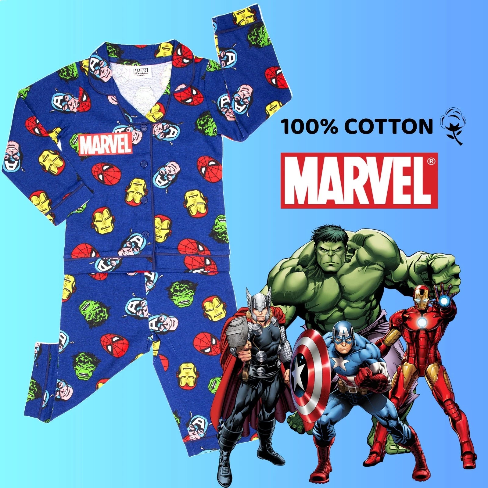 Marvel Pyjama for Boys Button Down PJ Set Superheroes Cotton Christmas Gift