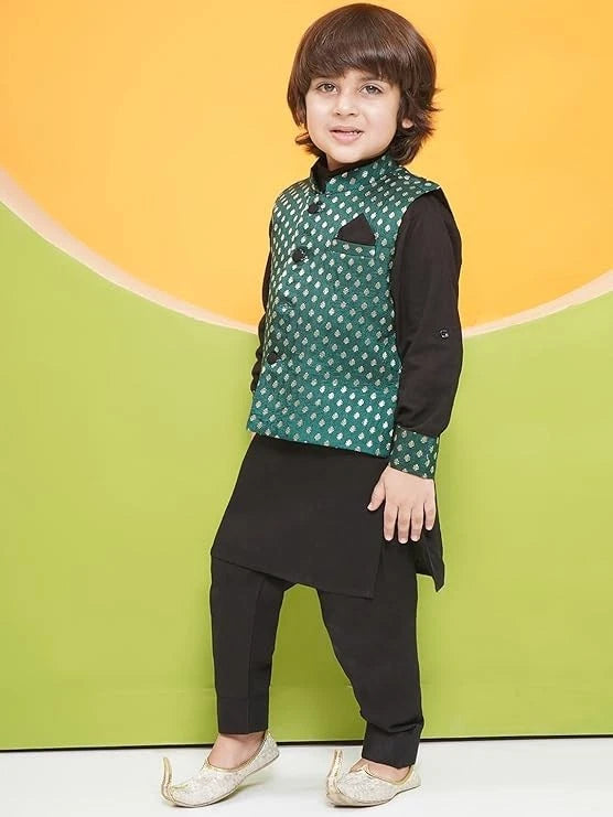Kids Poly Chanderi Motif Printed Kurta Pajama Set Waist Coat Jacket for Boys