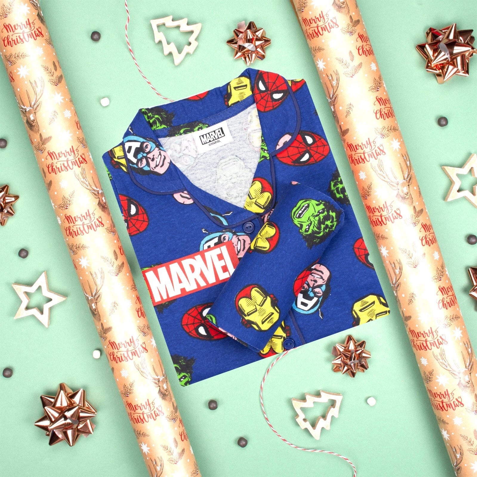 Marvel Pyjama for Boys Button Down PJ Set Superheroes Cotton Christmas Gift