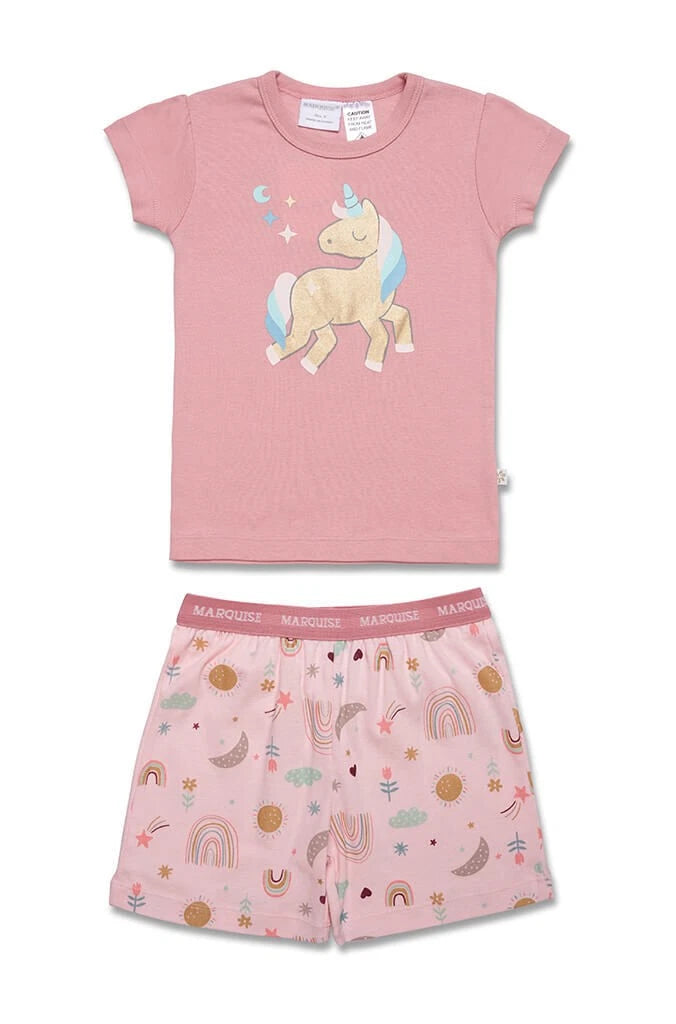 Girls Size 2-7 Marquise Pink Unicorn Summer Short Sleeve Cotton Pyjama Set