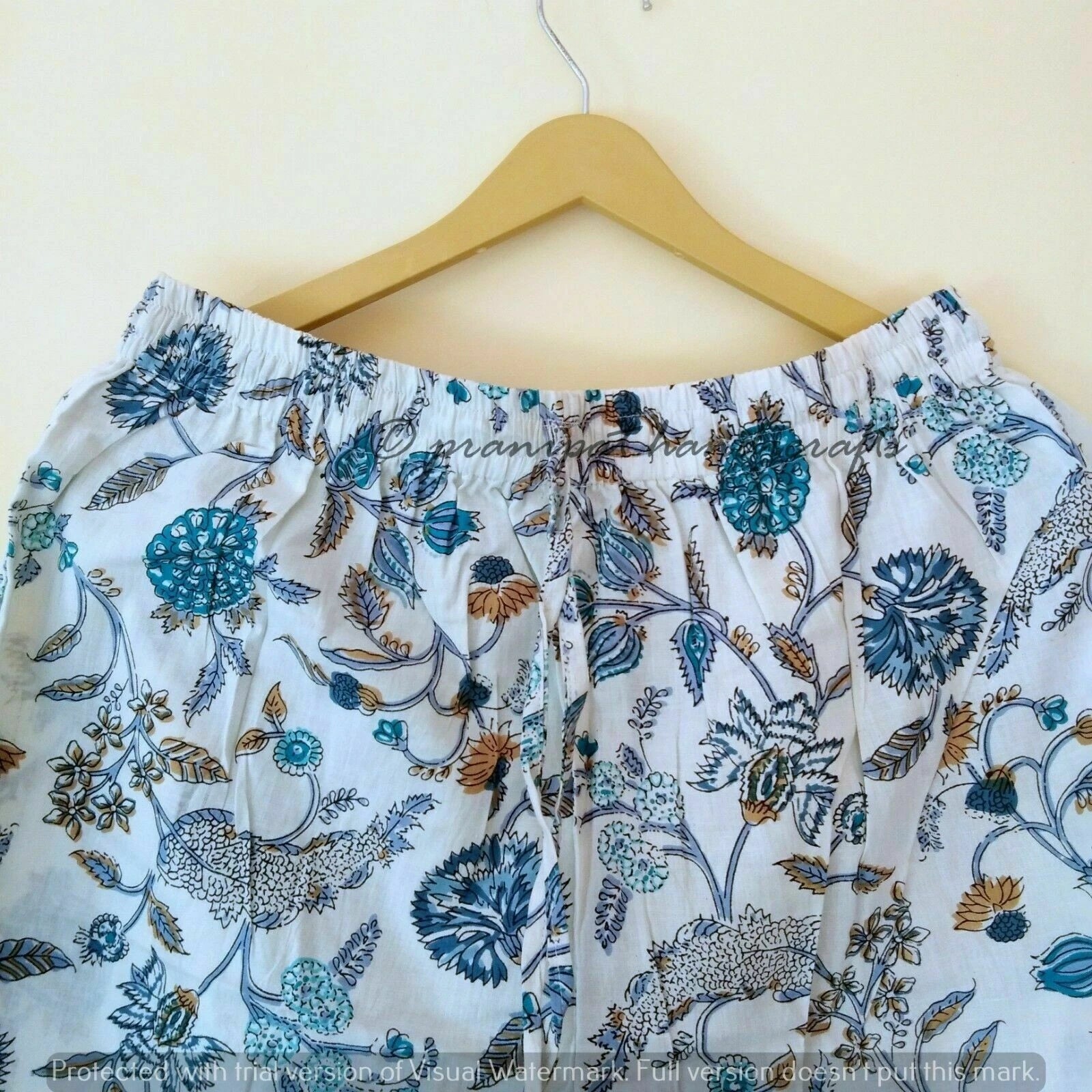 Indian Floral Printed Cotton Hippie White Women Gypsy Top-Pajama set Sleepwear