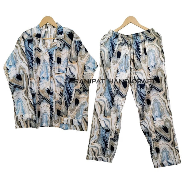Women Abstract Summer Blue Hippie Sleepwear Cotton Ethnic Night wear Pajama set