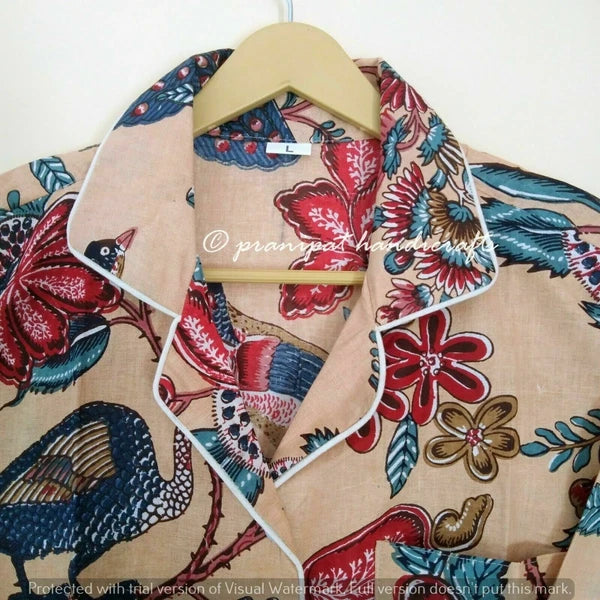 Indian Peacock Printed Cotton Peach Hippie Women Gypsy Top-Pajama set Sleepwear