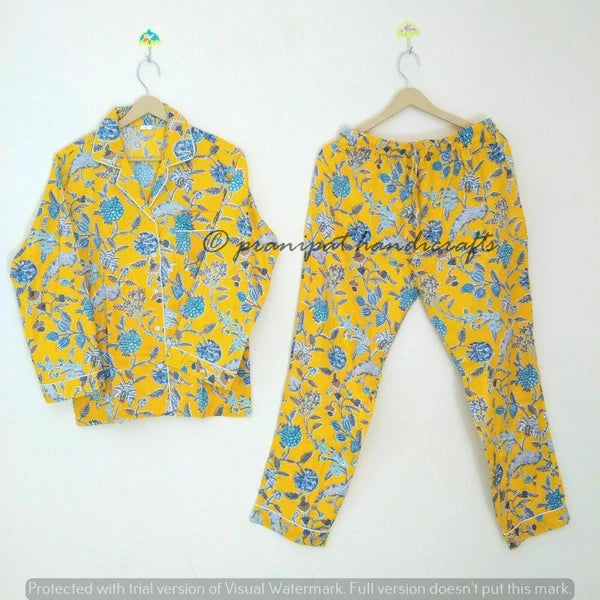 Indian Floral Printed Hippie Cotton Yellow Women Gypsy Top-Pajama set Sleepwear