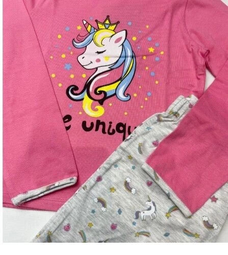Touche Girls Long Sleeve Full Length Printed Pyjama Set- Grey/Pink Unicorn