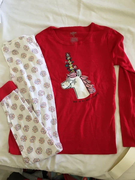 New Oshkosh Girls Unicorn Christmas Pajama 2pc Set Red Holiday 12