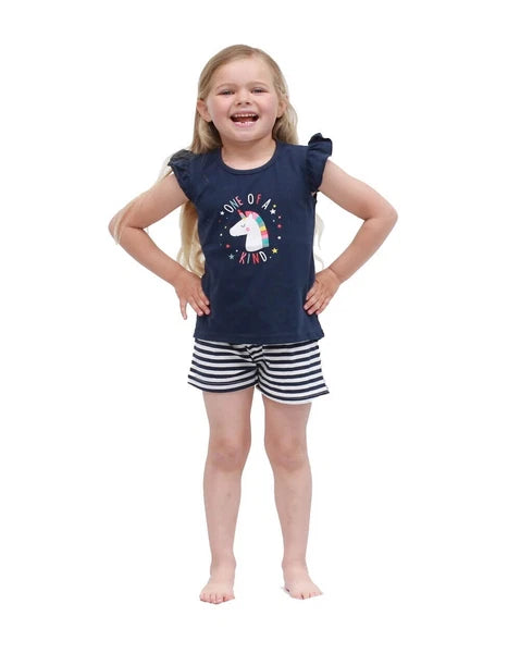 Girls Size 3-7 Navy Blue Unicorn Summer Cotton Short Sleeve Pyjama Set  - 2211