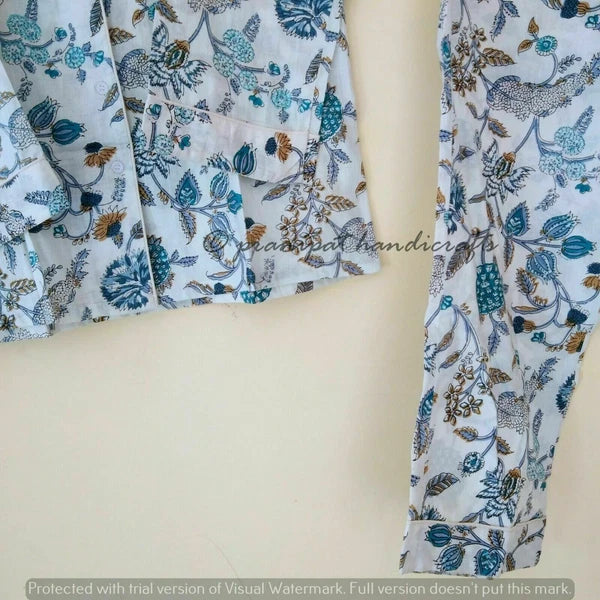 Indian Floral Printed Cotton Hippie White Women Gypsy Top-Pajama set Sleepwear