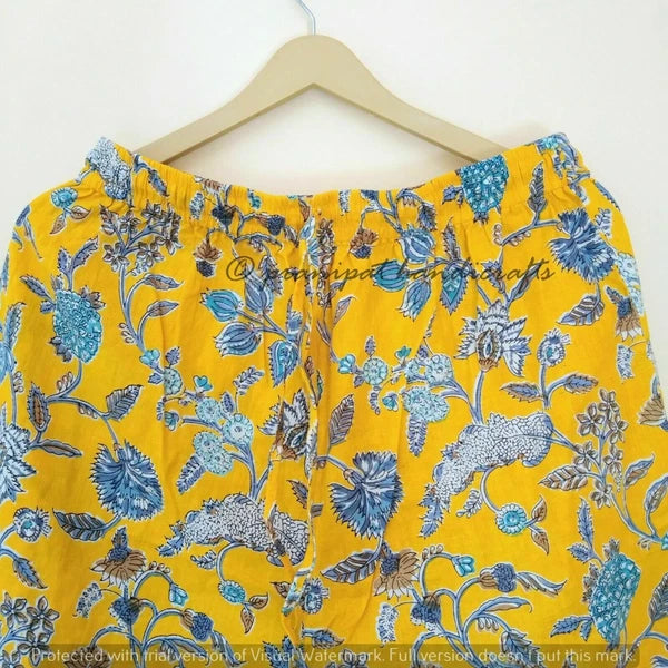 Indian Floral Printed Hippie Cotton Yellow Women Gypsy Top-Pajama set Sleepwear