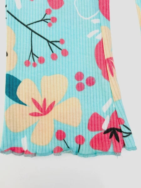 Girls Ribbed Pyjamas Dunnes Cotton Floral Pink Aqua Flared Long Sleeved Pjs NEW