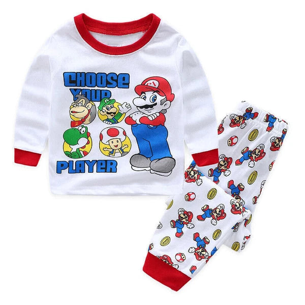 2Pcs Kids Boys Girls Super Mario Long Sleeve Pyjamas Set T-Shirt Shorts Age 1-7Y