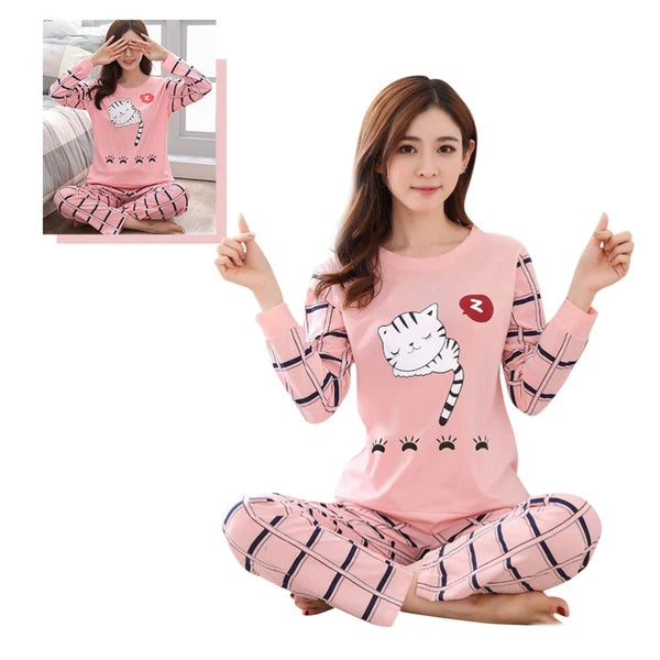 2 PCS Cartoon Cat Pajamas Girl Child Household Sleepwear Suit Girls Autumn
