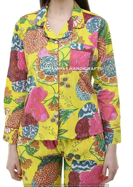Indian Fruit Floral Print Cotton Yellow Women Nightwear Top-Pajama set Sleepwear
