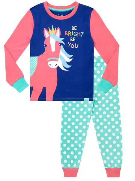 Princess Pony Pyjamas Kids Girls 3 4 5 6 7 8 9 10 Years PJs Polka Dots Teal Blue