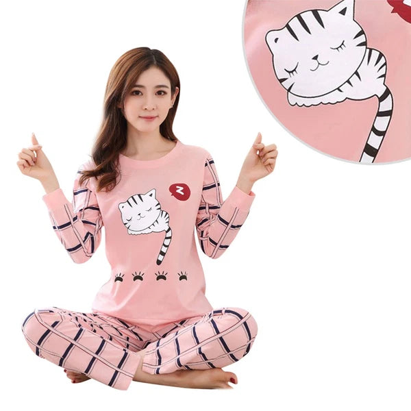 2 PCS Cartoon Cat Pajamas Girl Child Household Sleepwear Suit Girls Autumn