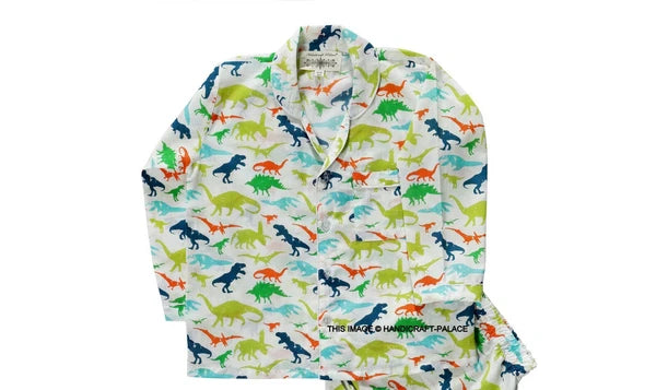Dinosaur Printed Pyjamas Set with Long Sleeve for Girls Boys Cotton Nightwear