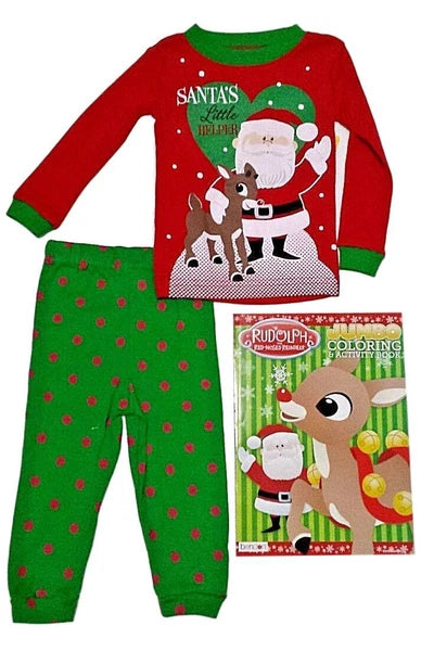 Kids Rudolph Santa Christmas Pajamas Coloring Book Gift Set Baby Sz 12M 18M 24M
