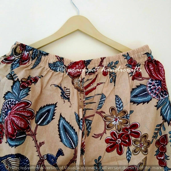 Indian Peacock Printed Cotton Peach Hippie Women Gypsy Top-Pajama set Sleepwear