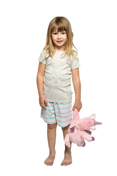 Girls Size 1-7 Marquise Grey Cat Summer Short Sleeve Cotton Pyjama Set