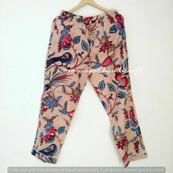 Indian Peacock Printed Cotton Peach Hippie Women Gypsy Top-Pajama set Sleepwear