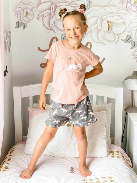 Girls Size 3-7 Pink Unicorn Summer Cotton Short Sleeve Pyjama Set  - 2004