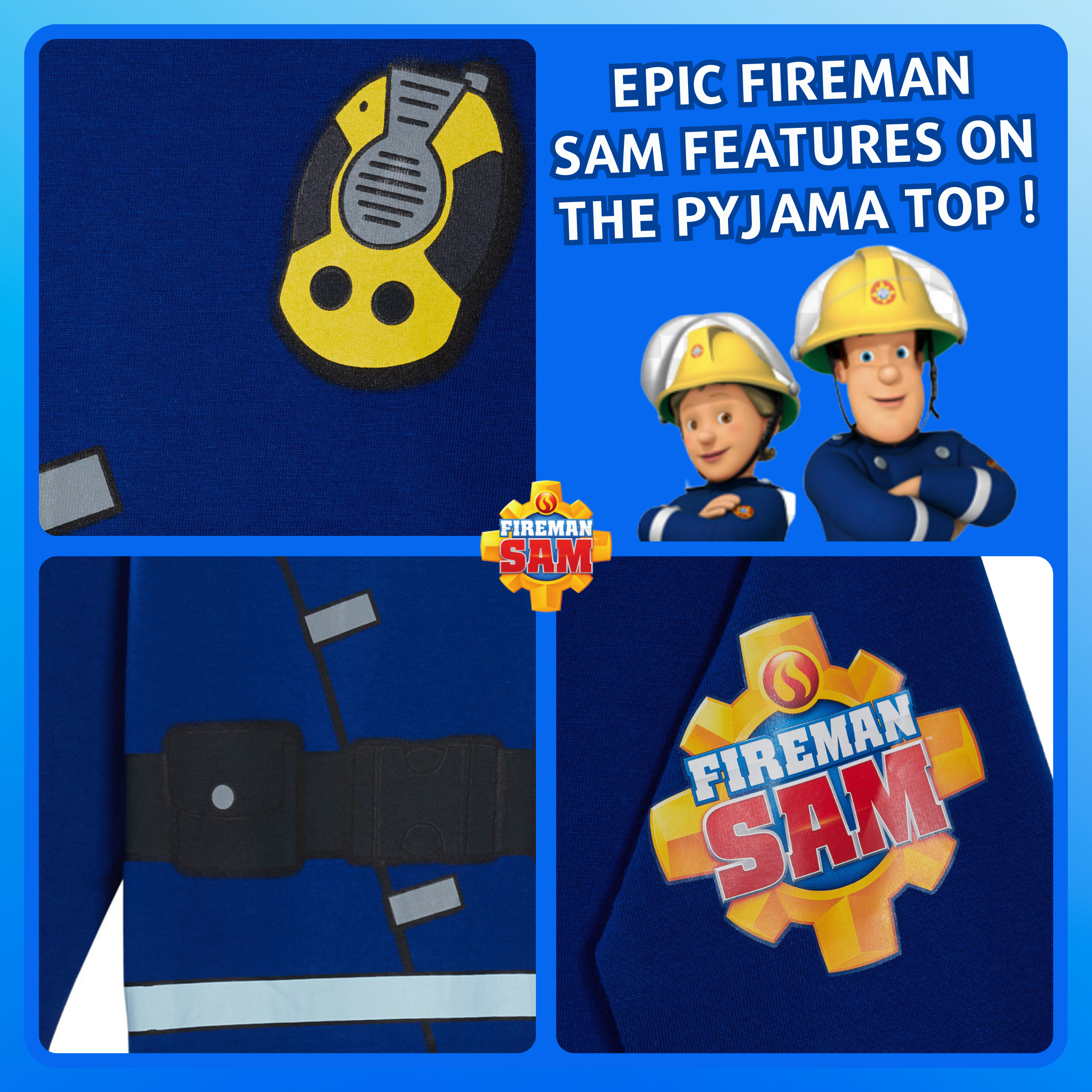 Boys Novelty Fireman Sam Dress Up Pyjamas Kids Full Length Character Pjs Size