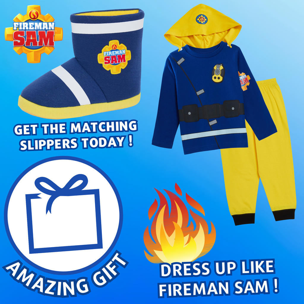 Boys Novelty Fireman Sam Dress Up Pyjamas Kids Full Length Character Pjs Size