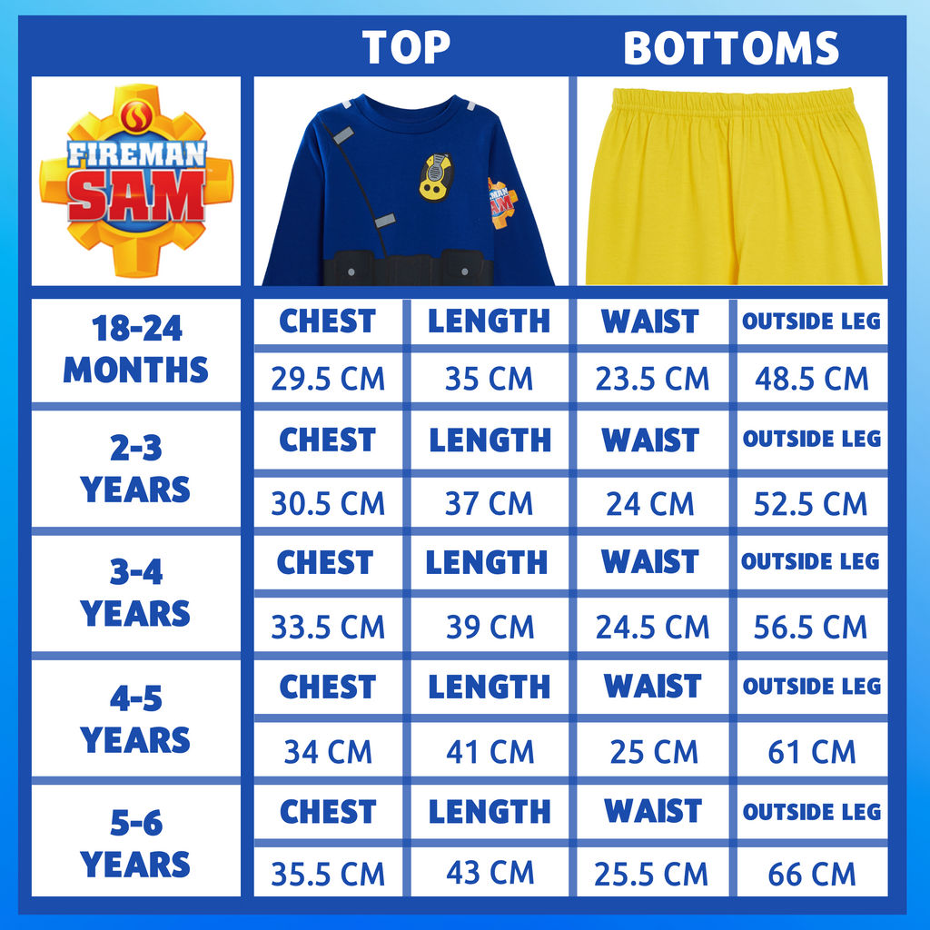 Boys Novelty Fireman Sam Dress Up Pyjamas Kids Full Length Character Pjs Size