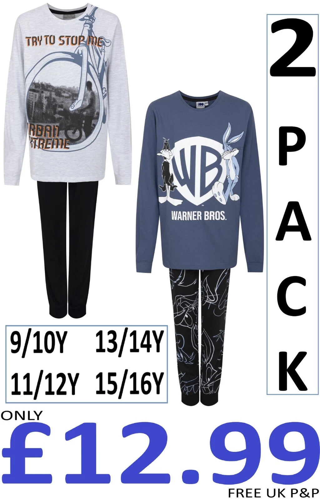 Boys 2 Pack Pyjama Sets Character Long Sleeve Long Leg Cuffed Multipack PJ Sets