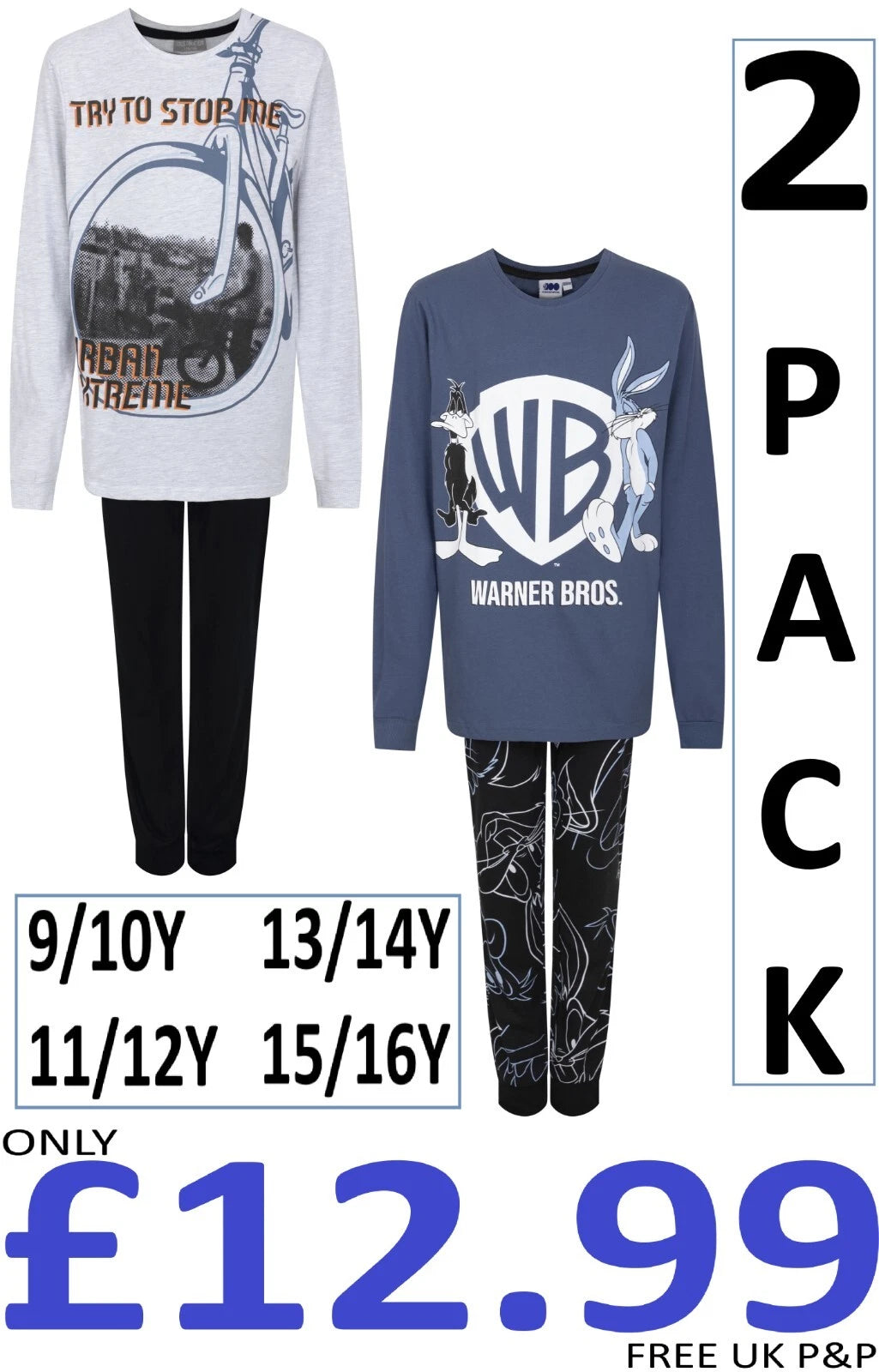 Boys 2 Pack Pyjama Sets Character Long Sleeve Long Leg Cuffed Multipack PJ Sets