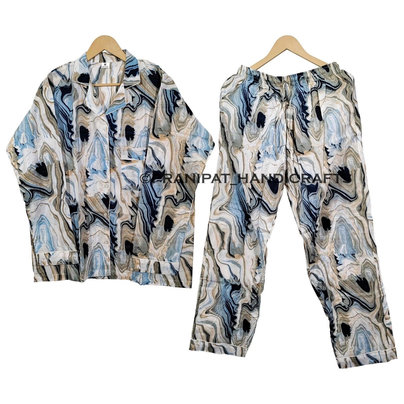 Women Abstract Summer Blue Hippie Sleepwear Cotton Ethnic Night wear Pajama set