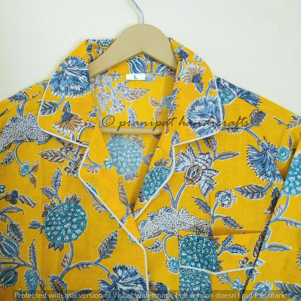 Indian Floral Printed Hippie Cotton Yellow Women Gypsy Top-Pajama set Sleepwear