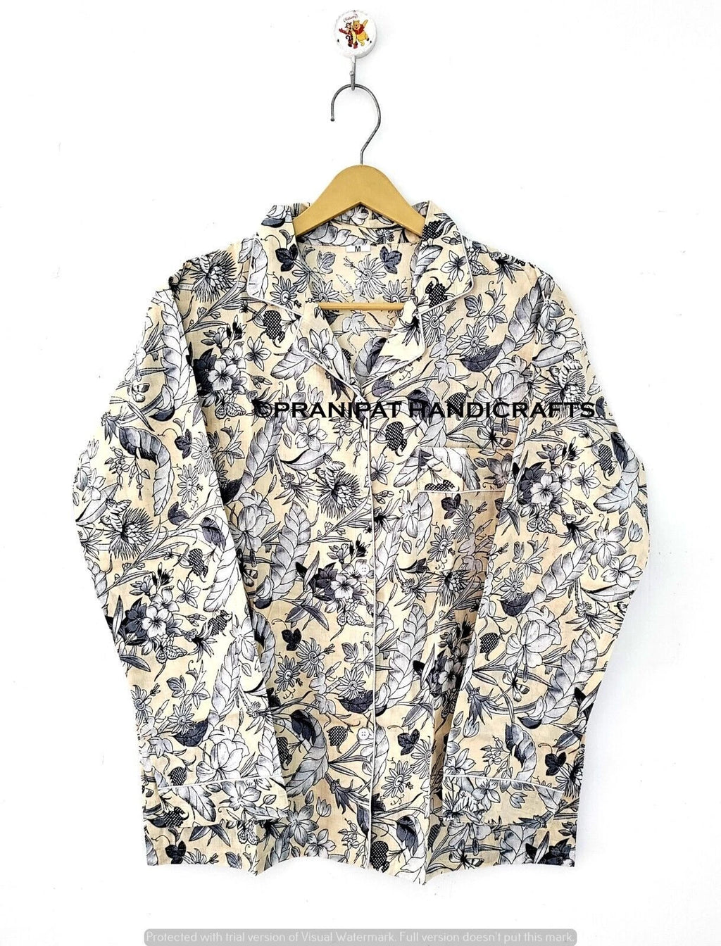 Women Sleepwear Cotton Forest Print Beige Hippie Night wear Boho Top-Pajama set