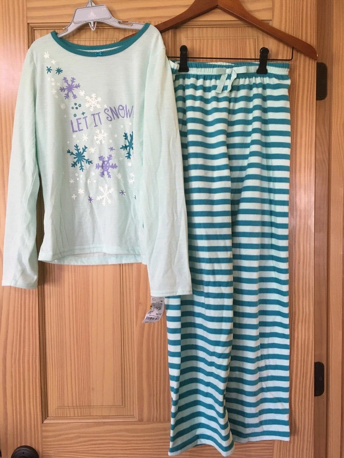 New Oshkosh Girls Snowflake Pajama 2pc Set Turquoise Fleece Bottom 10/12