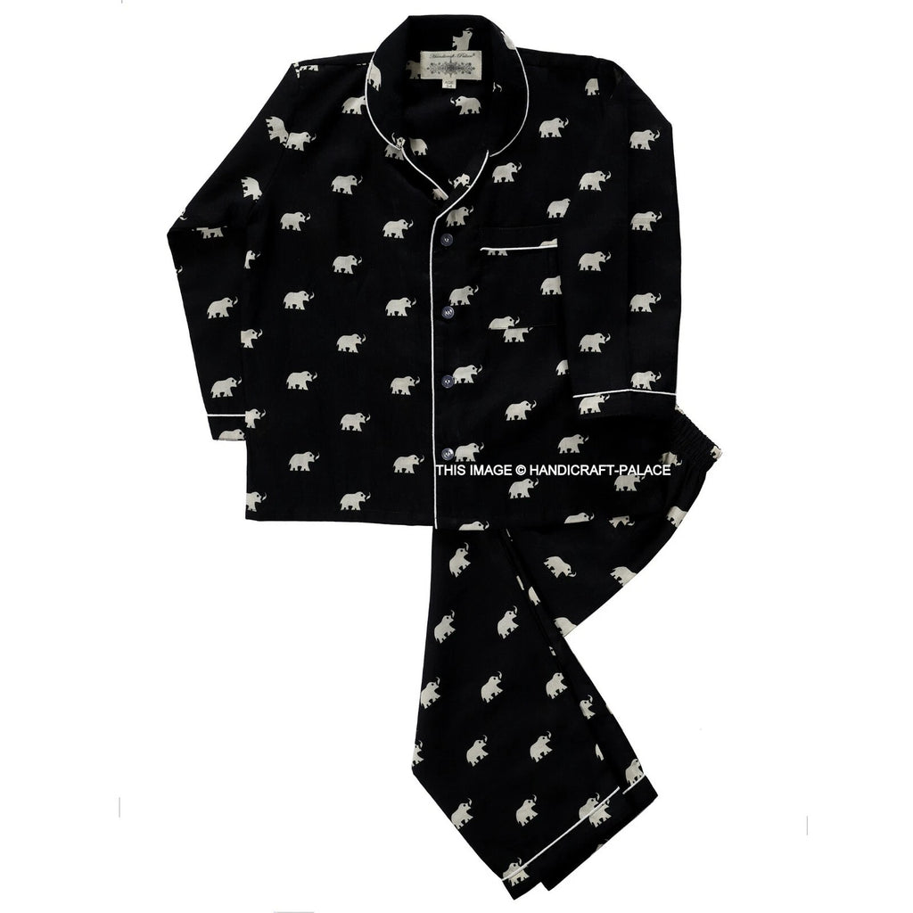 Indian Pure Cotton Kids Pajama Set Black Elephant Printed Sleepwear 1to10 Years